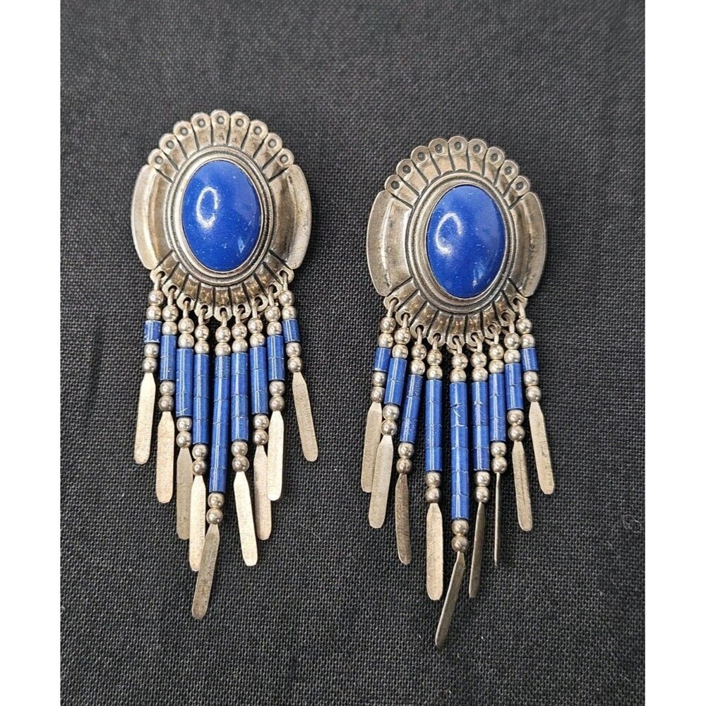 Native American Signed STL Sterling Silver Azurite Stud Earrings